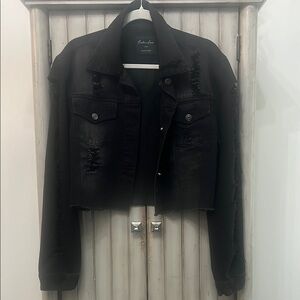 Black Distressed Cropped Jean Jacket